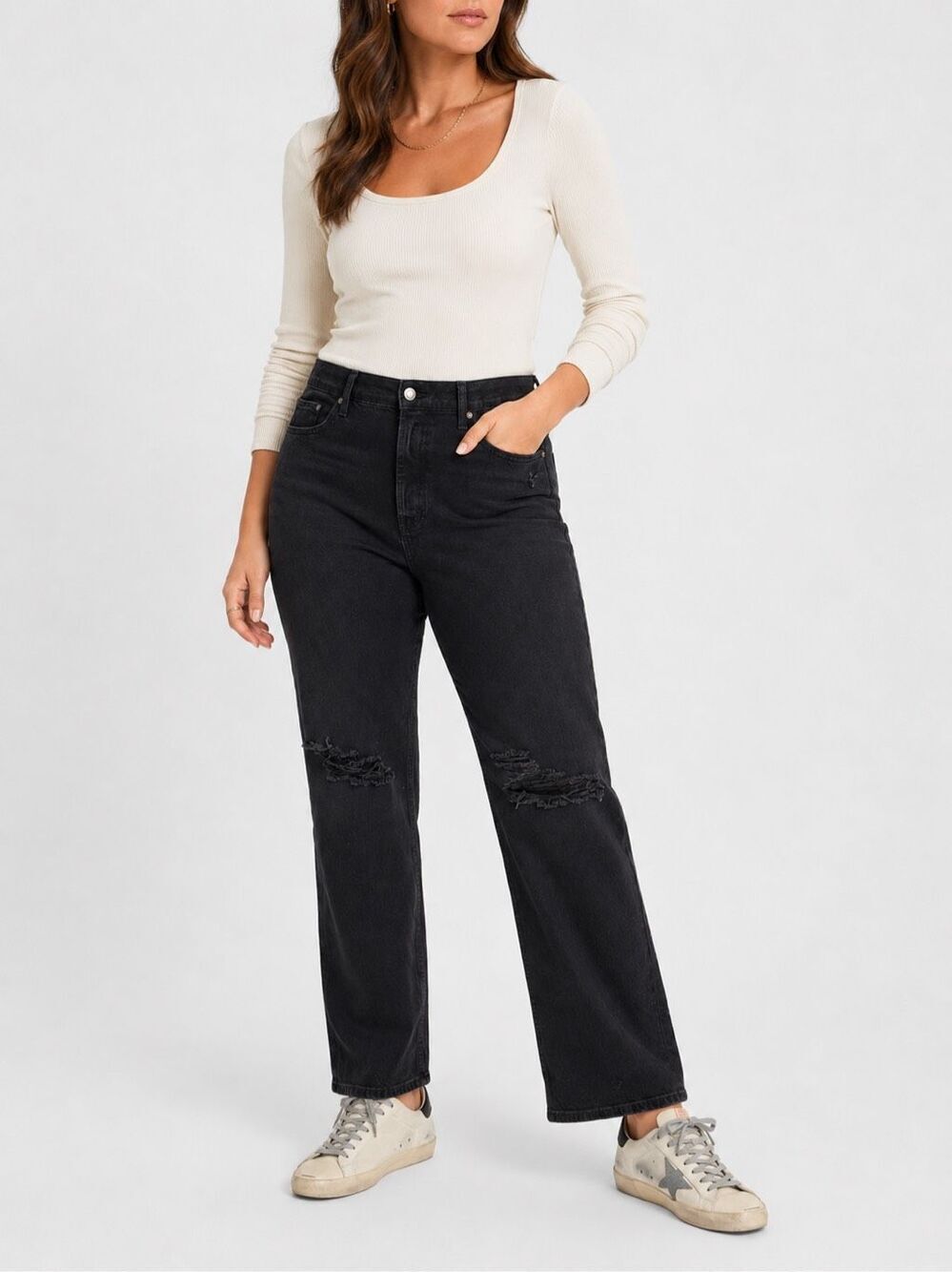 NWT FRAME Le High Straight Distressed Black Jeans | Relaxed Leg Denim, Sz40, $29